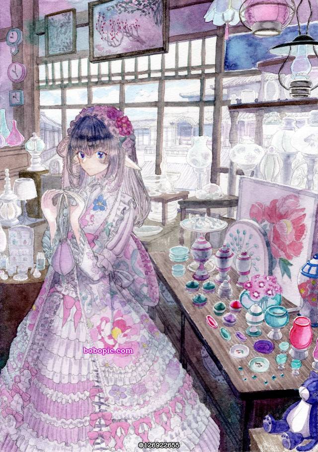 一张小女孩,建筑,杂货屋,手绘,和服礼服,风景,透明水彩绘画图片