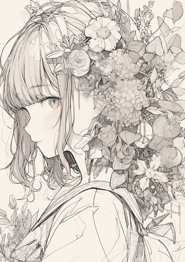 线稿, sketch, 女孩子, 原创, flower, 插画