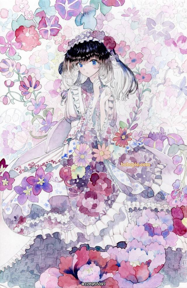 一张小女孩,手绘,精灵耳,和服礼服,花柄,透明水彩绘画图片