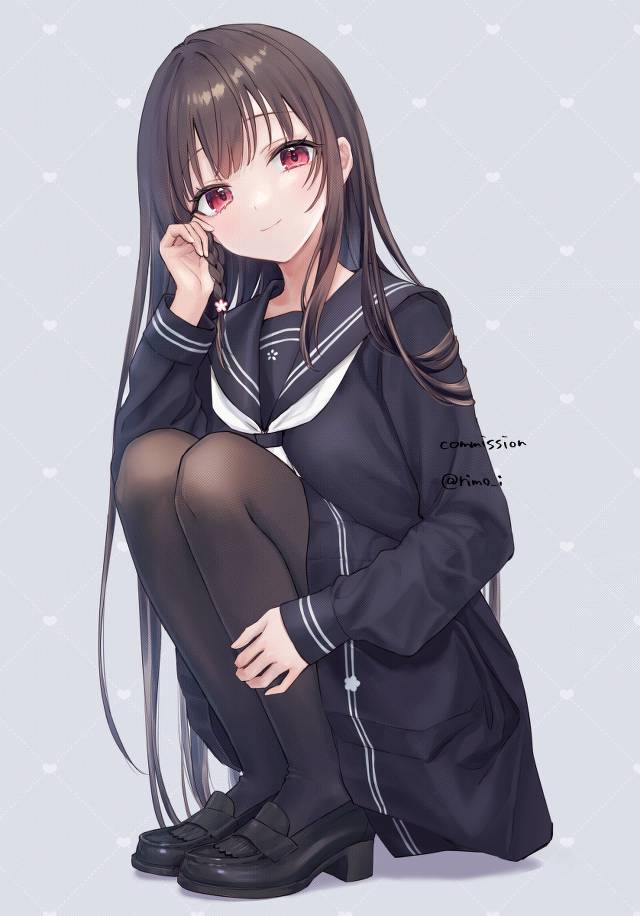 黑裤袜, 女孩子, uniform, 水手服, 黑色水手服, 蹲, 乐福鞋