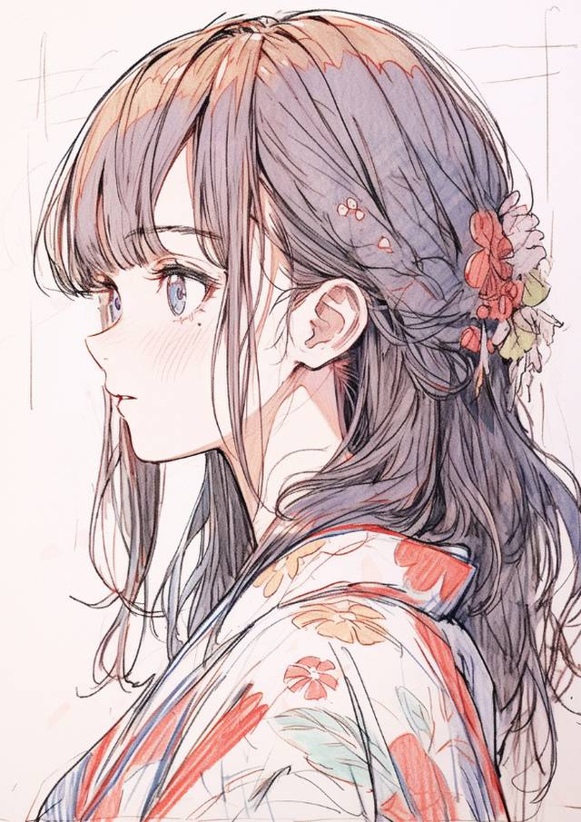 女孩子, 线稿, sketch, flower, yukata, 原创, 插画