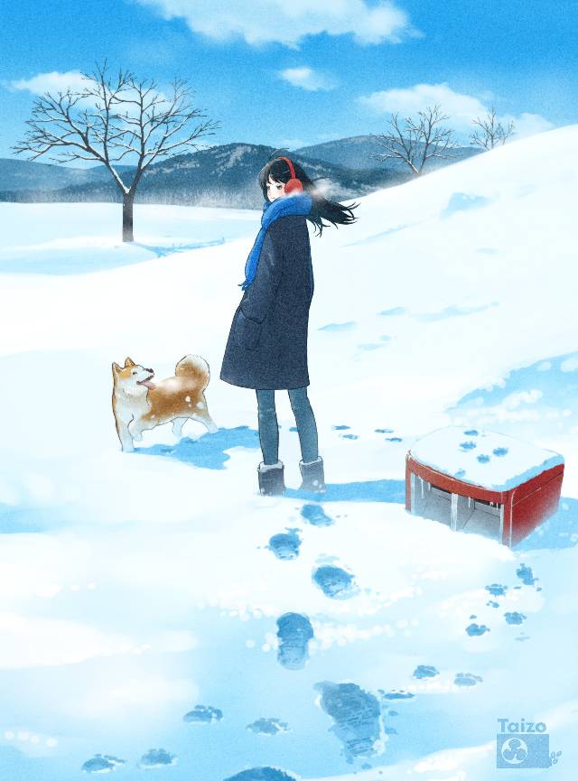 原创, 插画, 风景, background, sky, snow, young girl, winter, 狗