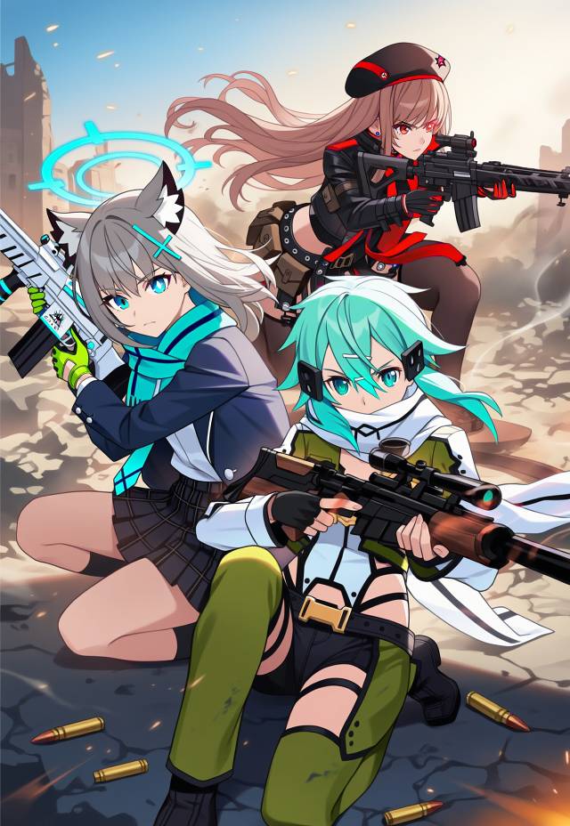 AI 画作, 碧蓝档案, NIKKE：胜利女神, Sinon (SAO), Sunaookami Shiroko, Rapi (NIKKE: The Goddess of Victory), 跨界作品
