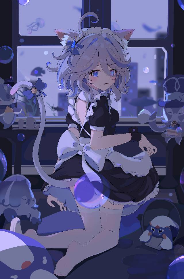 Genshin Impact, 芙宁娜（原神）, Fenina, cat ears, 女仆, 着袜足底