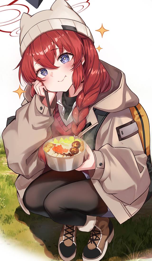 碧蓝档案, Konuri Maki (Camp), Maki Konuri, red hair, 麻花辫, 蹲