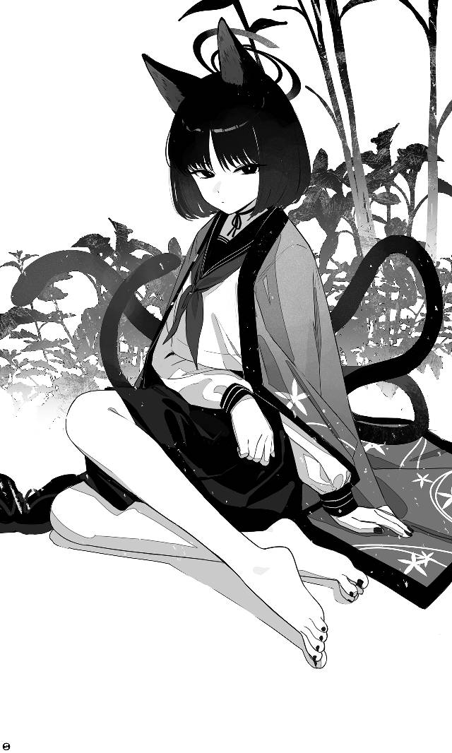 一张桐生桔梗,水手服,蔚蓝档案,猫耳,美甲,黑白,足控,赤脚绘画图片