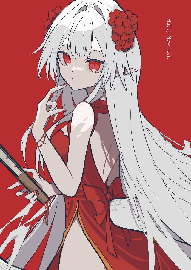 白发, 贺年卡, white snake, new year's card, 女孩子, original works, red eyes, New Year's illustration, 旗袍