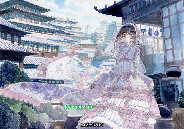 一张小女孩,建筑,手绘,和服礼服,风景,和风,透明水彩绘画图片