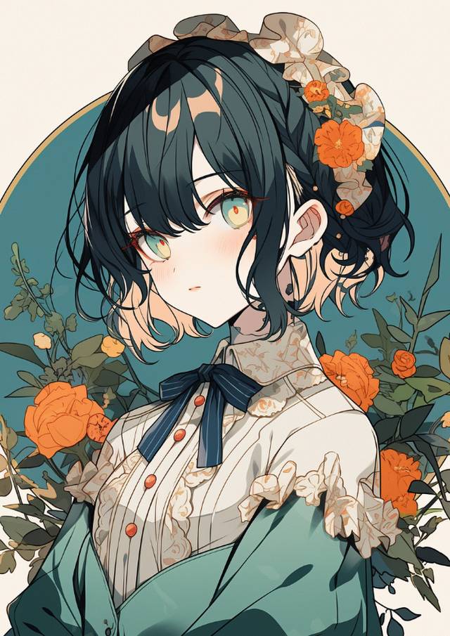 flower, 女孩子, orange, 原创, 插画, green