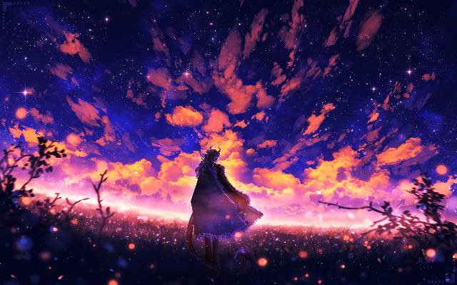 风景, background, 原创, 插画, 奇幻, commissioned work, 夕阳, starry sky, star