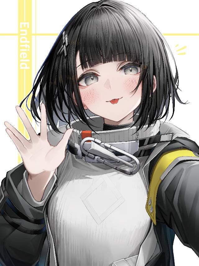 Arknights: Endfield, 明日方舟：终末地, 明日方舟, 管理员（明日方舟终末地）, tongue, 脸红, black hair, salute