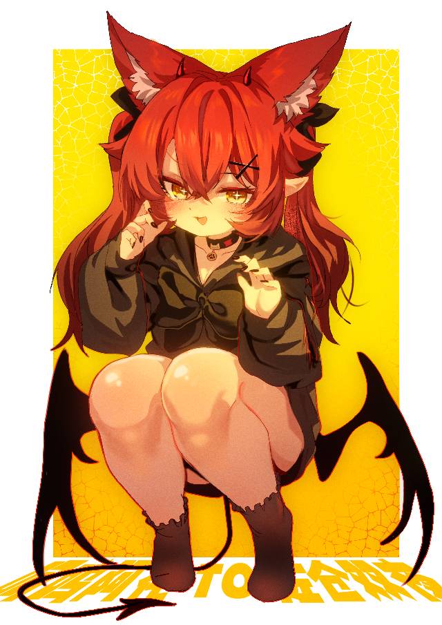 animal ears, loli, red hair, 女孩子, little devil, 蹲, sparkling eyes, 美甲