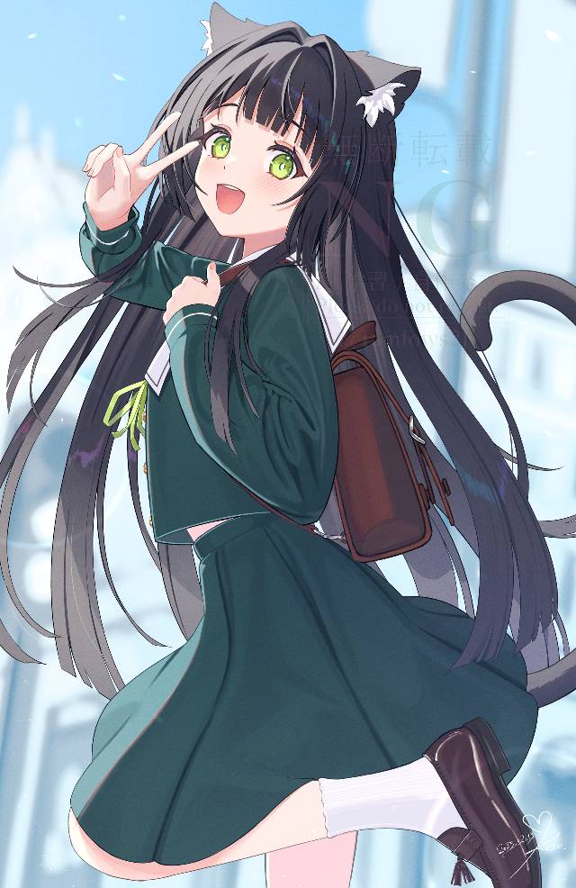 兽耳, 原创, 水手服, 黑发, straight fringe, green eyes, peace sign, black hair, cat ears