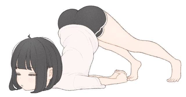 原创, 女孩子, leg, stretch, black bob hair, 赤脚, 热裤