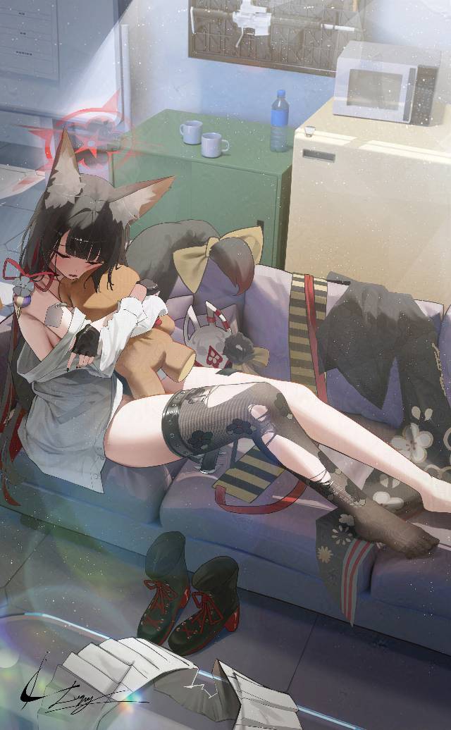 碧蓝档案, young girl, 女孩子, beautiful girl, 狐坂若藻, fox ears, asleep, teddy bear