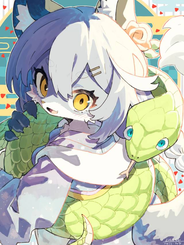 野兽, 兽耳, foxgirl, 和风, someone else's OC, blue hair, snake