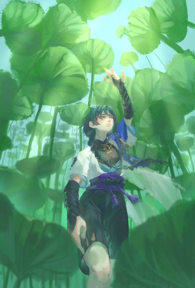 Genshin Impact, 男孩子, 水下, wanderer, 风景, 插画