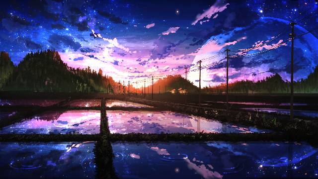 风景, 原创, background, starry sky, 插画, 奇幻, star, night sky, moon, reflection pool