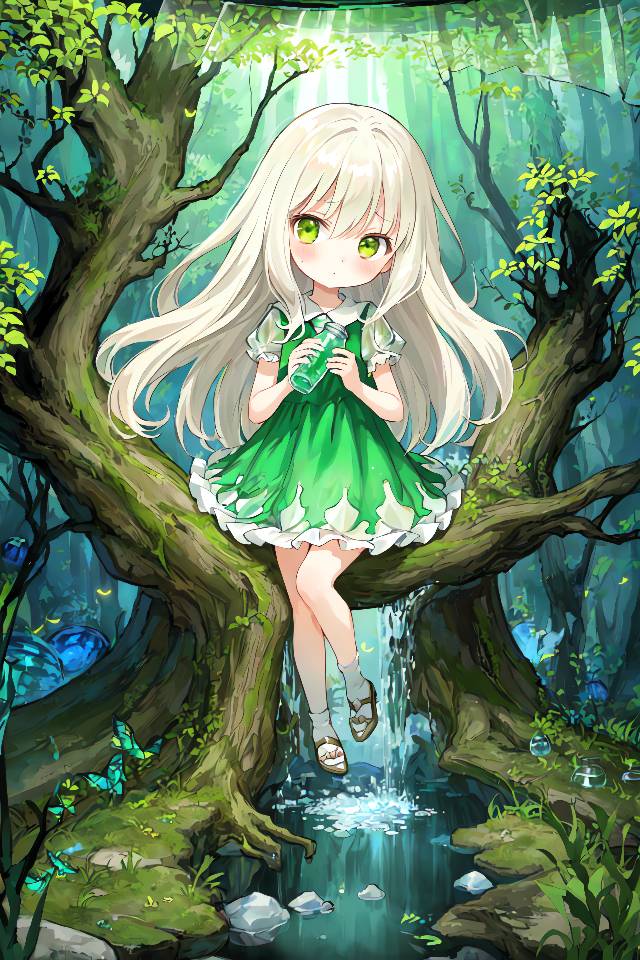 forest, bare feet, chibi, SD角色, 原创角色, AI 画作, 萝莉, cute girl