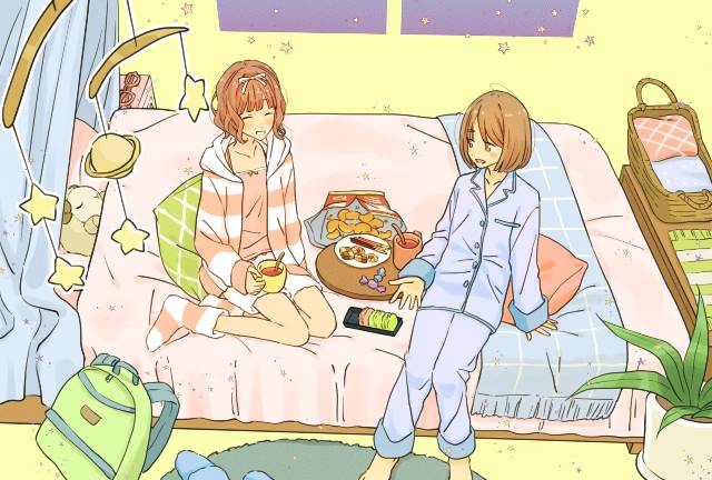 原创, 女孩子, 食物, 睡衣, loungewear, bedroom, 睡衣派对
