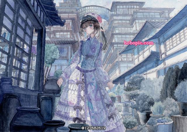 一张小女孩,建筑,手绘,和服礼服,风景,透明水彩绘画图片