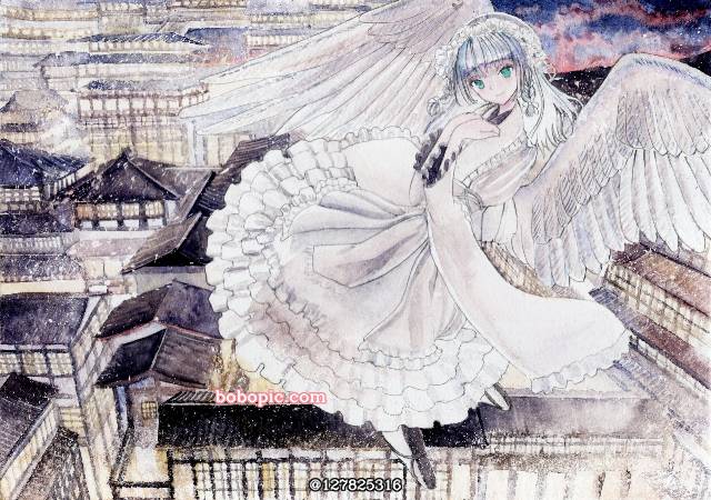 一张小女孩,建筑,夜景,手绘,和服礼服,风景,透明水彩绘画图片