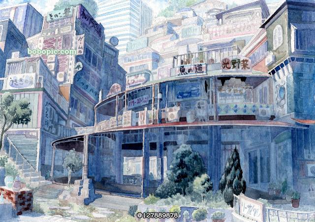一张店,建筑,手绘,风景,透明水彩绘画图片