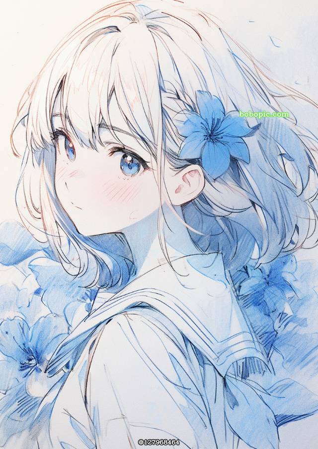 sketch, 女孩子, 蓝, flower, 原创, 插画