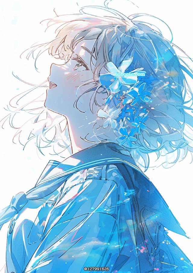 原创, smile, flower, uniform, aqua, 插画