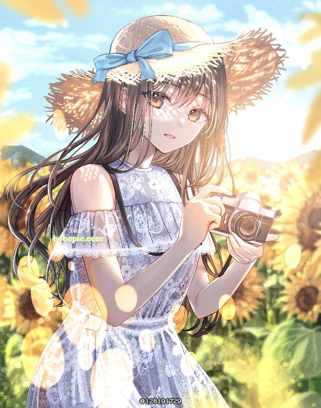 长发, 草帽, 夏天, sunflowers, 向日葵, 女孩子, 原创, 花和女孩子, girl with camera