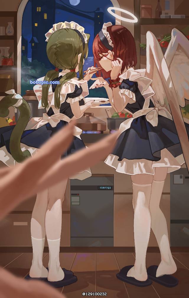 女孩子, young girl, 插画, 大腿, 女仆, 女仆装, 双马尾, 原创, White silk pantyhose, 白丝袜