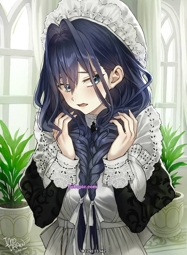 Ouro Kronii, 女仆, blue hair, 麻花辫