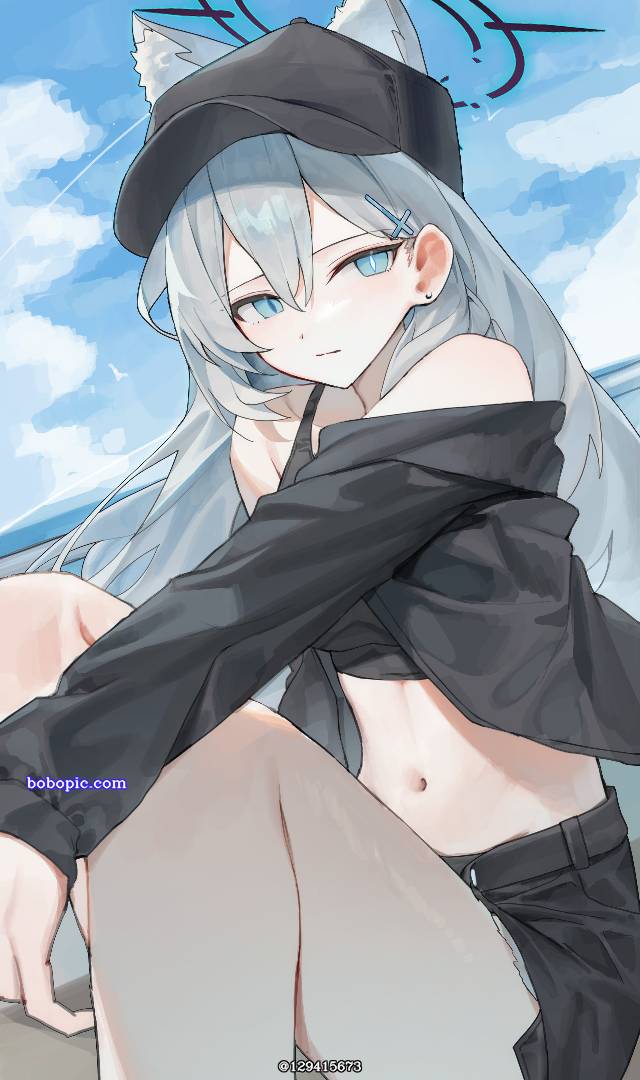 碧蓝档案, Shiroko Terror, Shiroko (Blue Archive), 兽耳, 腹部, cap, thighs