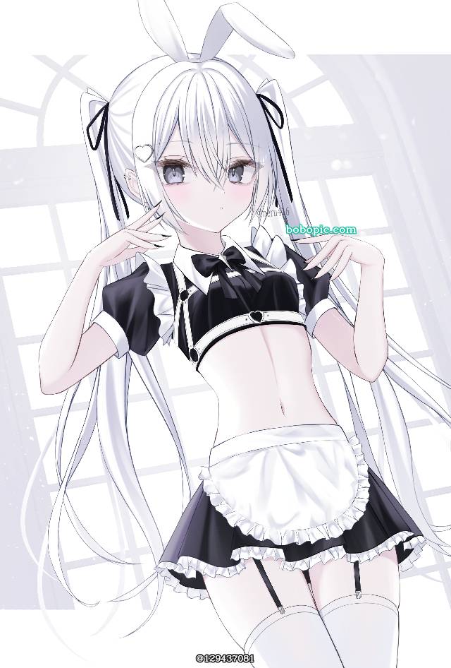 原创, 女孩子, 女仆, 白发, 双马尾, 兔耳, body harness, 白色过膝袜, 肚脐