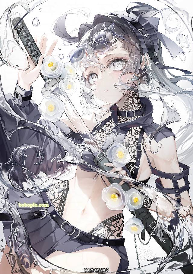 原创, 原创, 女孩子, 白发, young girl, 插画, water, 日本刀, 腹部