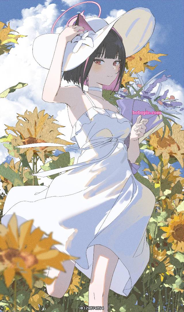 碧蓝档案, 杏山和纱, 白色连衣裙, camisole dress, sunflower field, Elegant, wide brim hat, Blue Archive 1000+ users