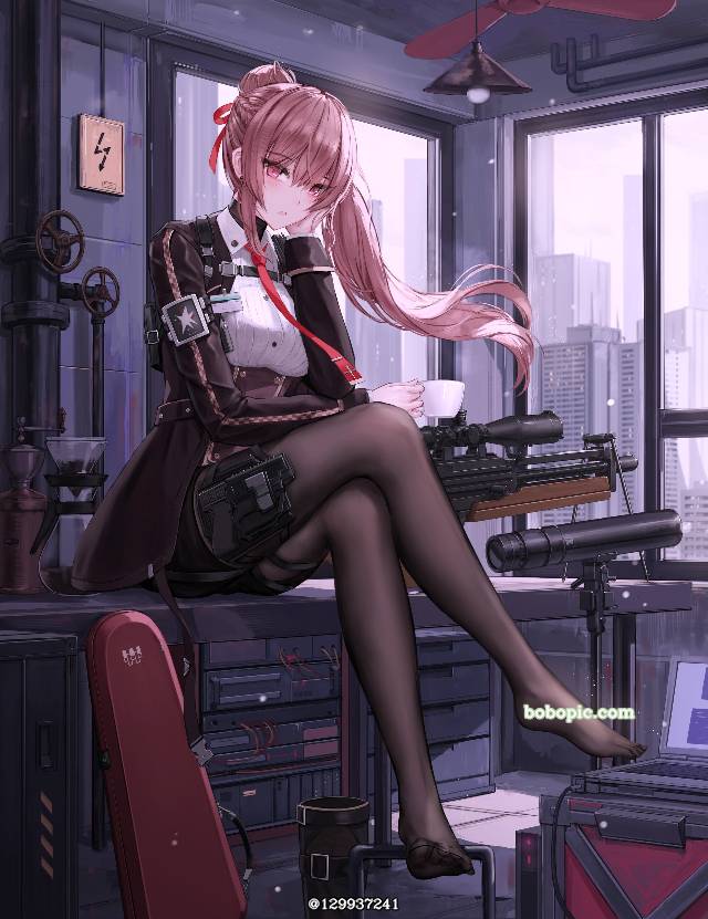 女孩子, Girls' Frontline, 少女前线, WA2000（少女前线）, 丝袜, 跷二郎腿, 着袜足底, armed girls, 黑裤袜