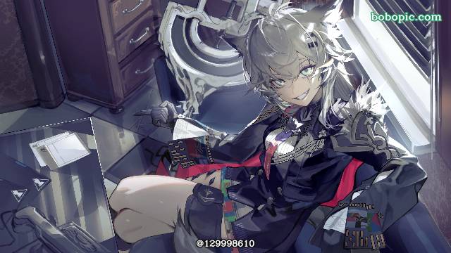 一张明日方舟,微笑,兽耳,跷二郎腿,拉普兰德绘画图片
