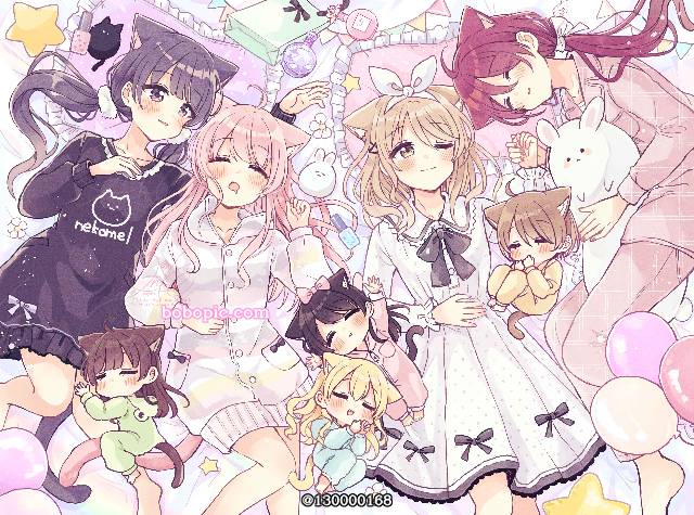 yuri, 兽耳, cat ears, 睡衣, 睡衣派对