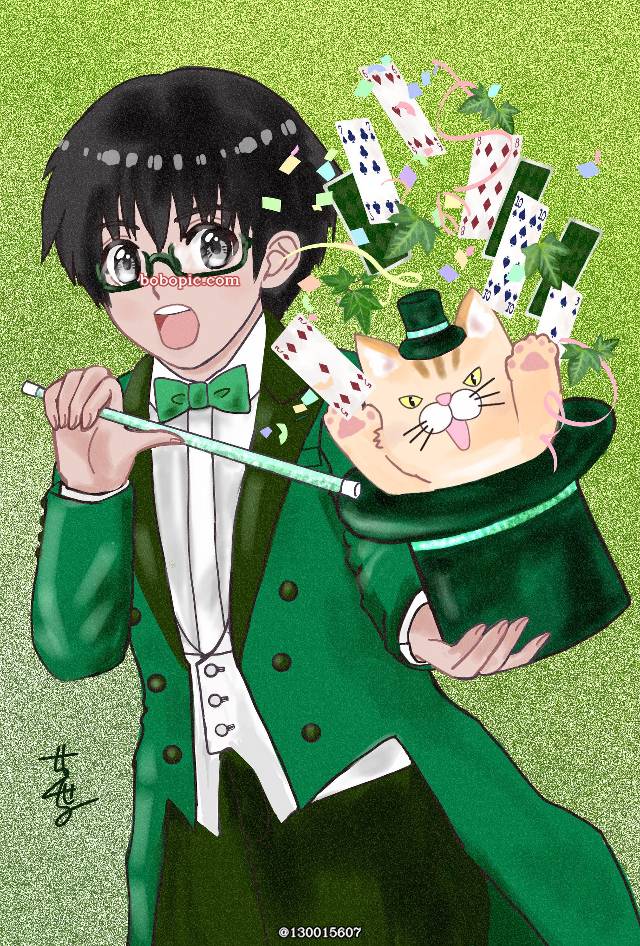 pixiv今日出题, green, 原创, 原创角色, top hat, magician