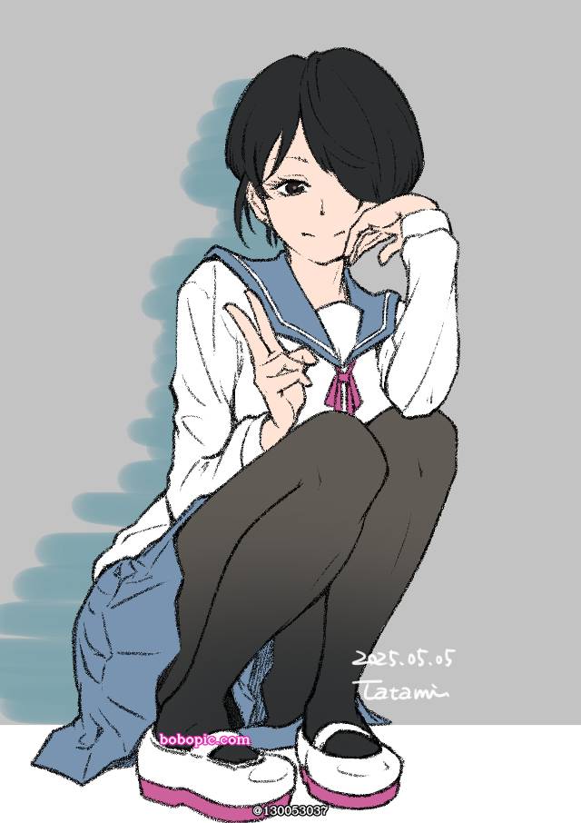 草图, 水手服, 女孩子, 蹲, 原创100收藏