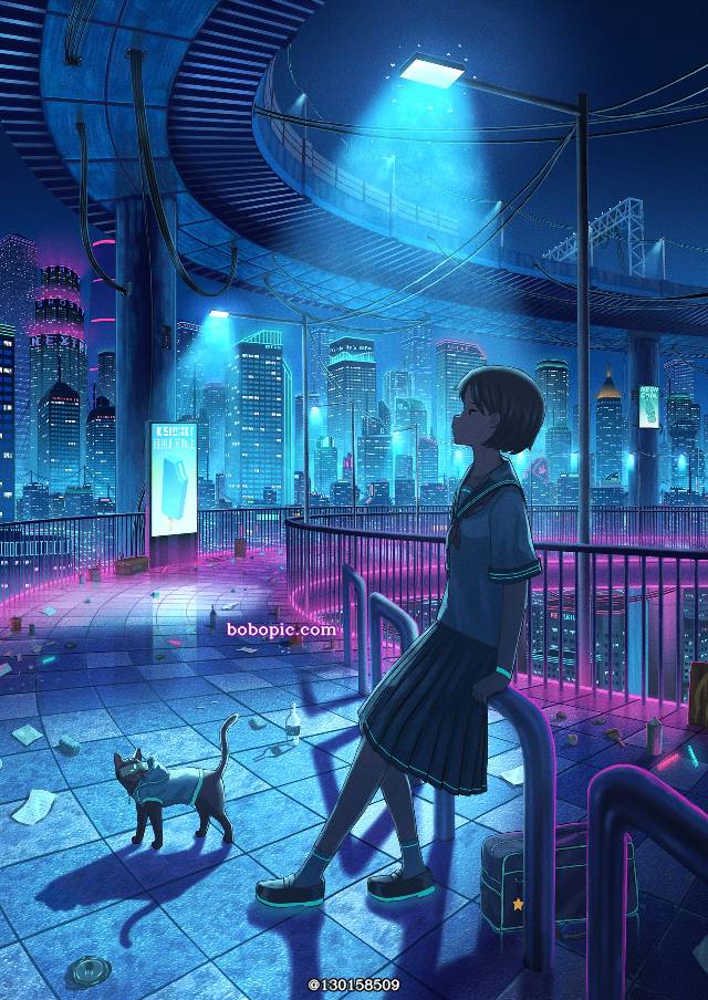 原创, 原创, 女孩子, 女高中生, background, 风景, city, night, neon, cat