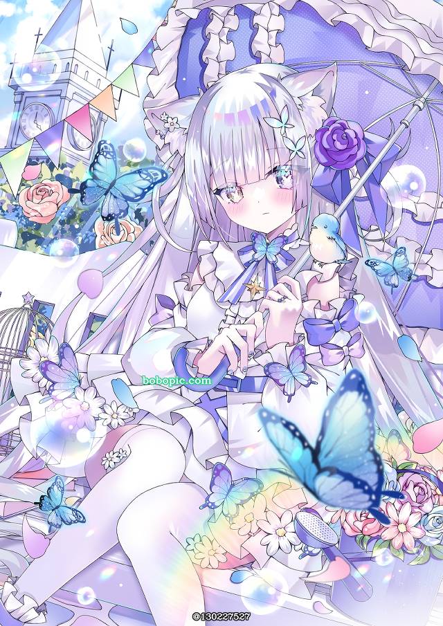 原创, 女孩子, 兽耳, 银发, two-side up, 异色瞳, frills