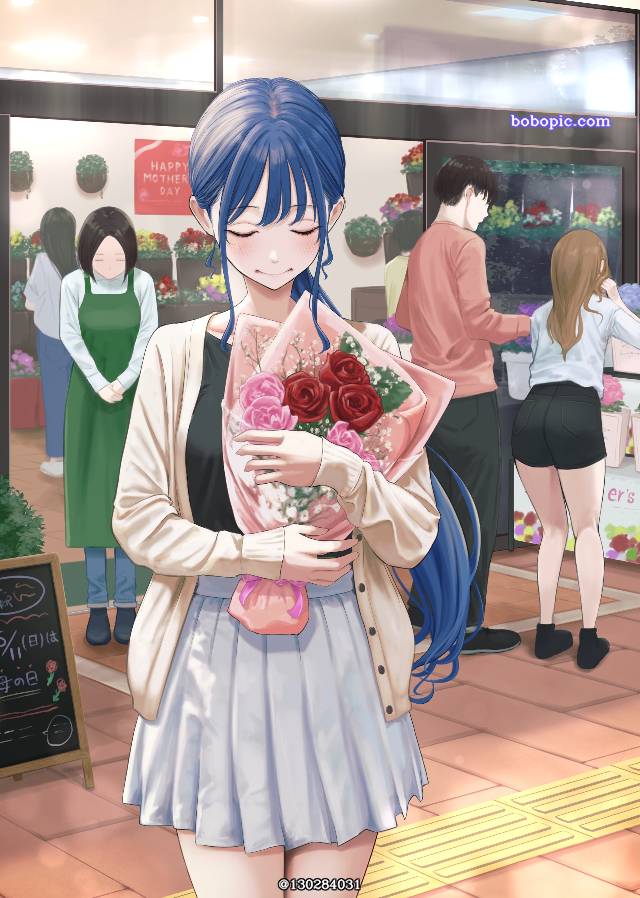 女孩子, 原创, 马尾, 裙子, 母亲节, flower, bouquet, pleated skirt