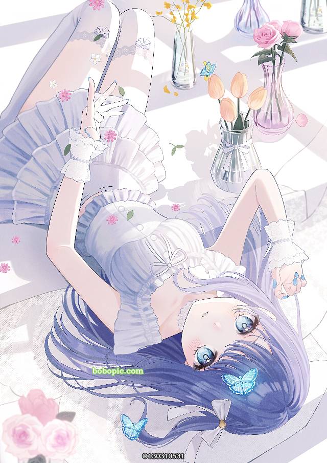 原创, 原创, 女孩子, 插画, 蝴蝶很可爱, 花和女孩子, young girl, 美甲