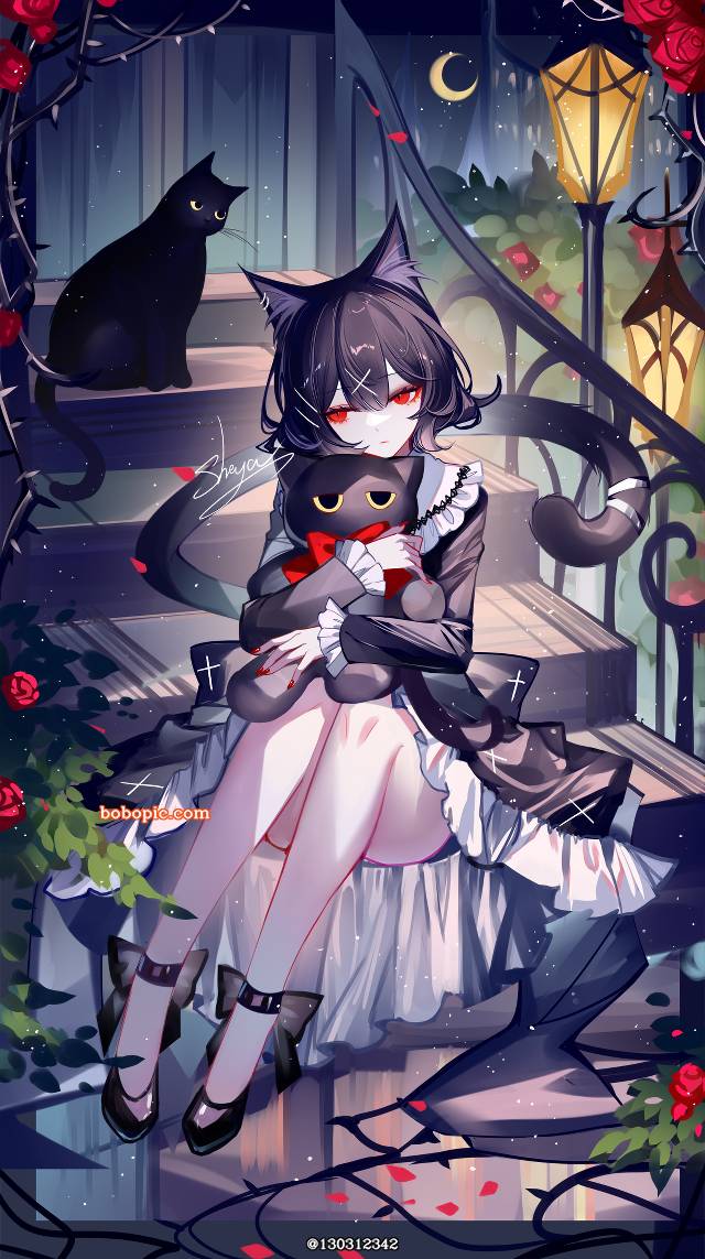 女孩子, 原创, red eyes, 黑, cat ears, cat, 原创