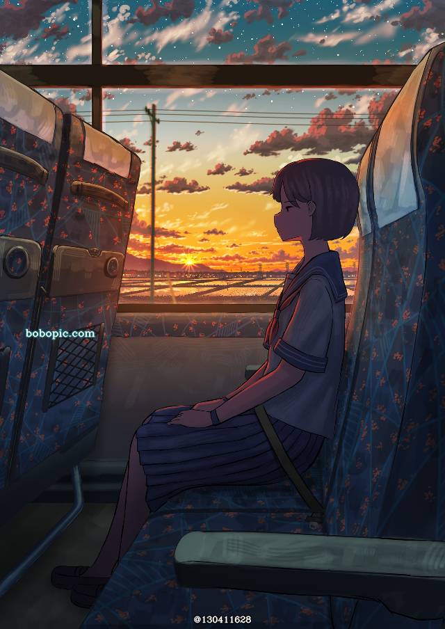 原创, 原创, 女孩子, 女高中生, background, 风景, sky, 夕阳, 云