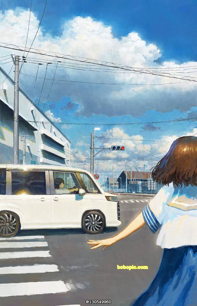 风景, 原创, 女孩子, sky, 夏天, 云, 写实, Intersection, 水手服