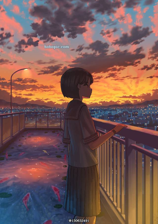 原创, 原创, 风景, background, 夕阳, sky, 云, 女高中生, scenery, footbridge