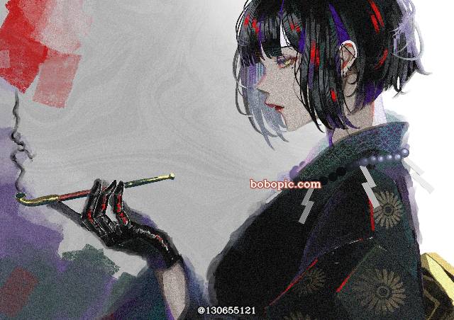 原创, 女孩子, 黑发, 穿洞, 手套, black bob hair, 和服, 侧脸, 和风, kiseru